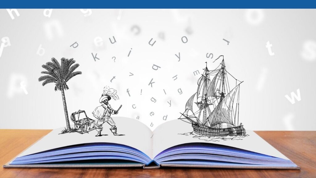 Characters in storytelling image of pirate coming from a book